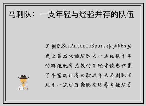 马刺队：一支年轻与经验并存的队伍