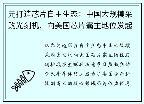 元打造芯片自主生态：中国大规模采购光刻机，向美国芯片霸主地位发起挑战