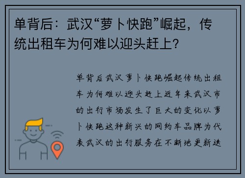 单背后：武汉“萝卜快跑”崛起，传统出租车为何难以迎头赶上？