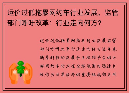 运价过低拖累网约车行业发展，监管部门呼吁改革：行业走向何方？